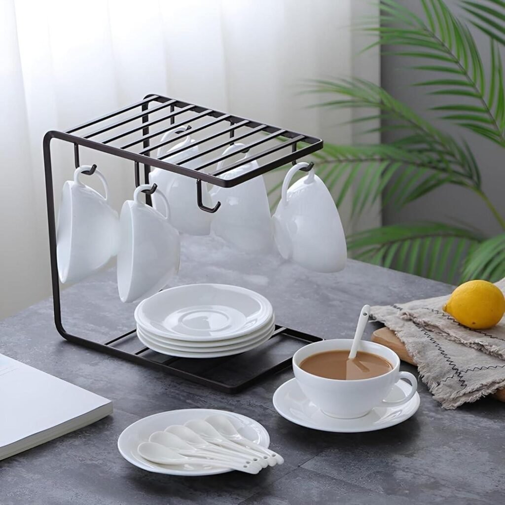 Black Metal Mug & Plate Stand for Kitchen