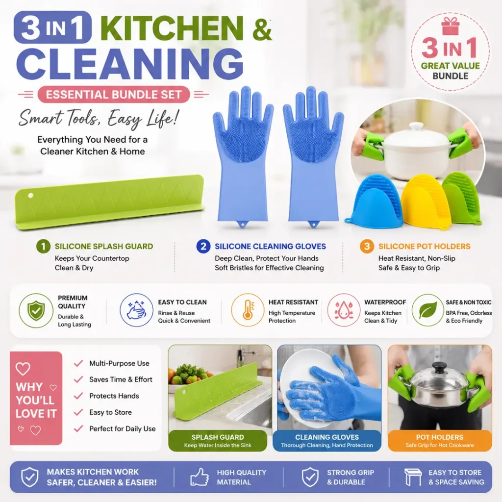 3 in 1 Kitchen & Cleaning Essential Bundle Set – Silicone Sink Splash Guard, Cleaning Gloves & Heat Resistant Pot Holders